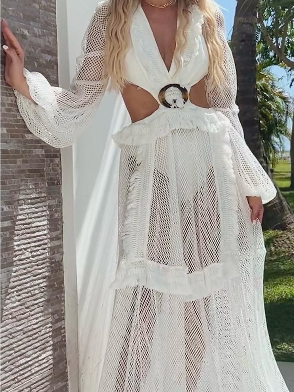 White Mesh Cutout Maxi Dress with Belt Detail